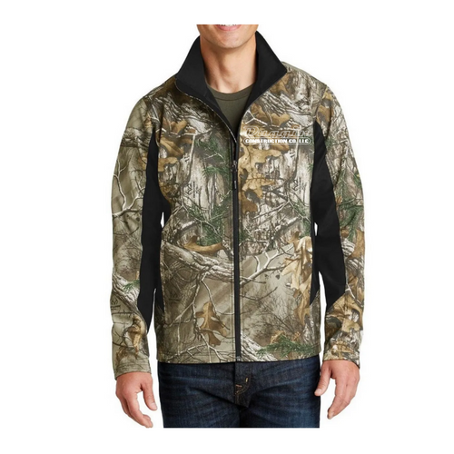 Camo softshell jacket with the Duggin Construction logo on it