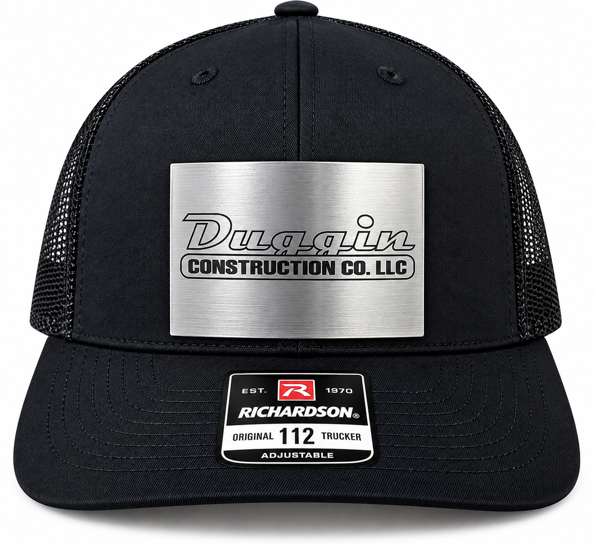 Black trucker hat with silver logo
